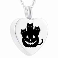 Halloween Pumpkin and Cat Heart Cremation Urn Stainless Steel Memorial Ashes Pendant Necklace With Fill Kit Package Bag