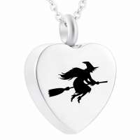 Memorial Ashes Jewelry For Halloween Witch On Flying Broom Heart Stainless Steel Cremation Ashes Pendant Memorial Necklace